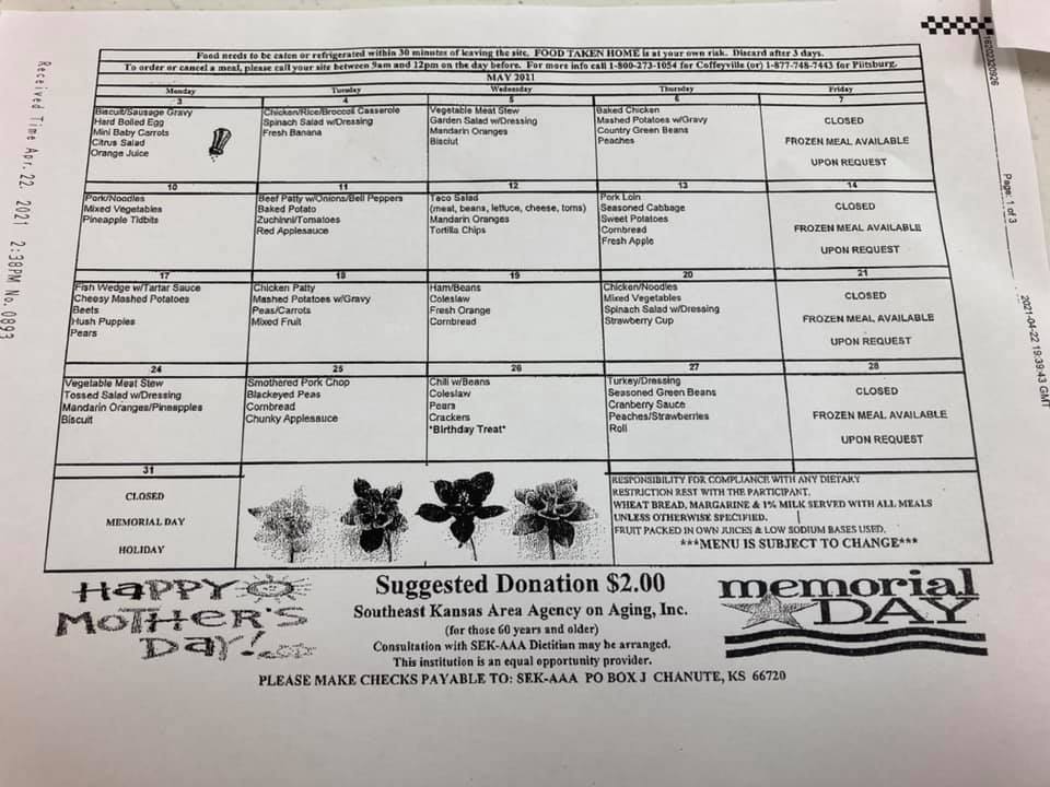 Girard Congregate Meals Menu