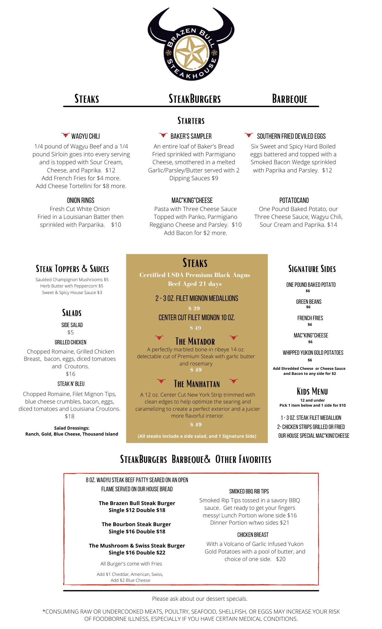 Brazen Bull Steakhouse Menu