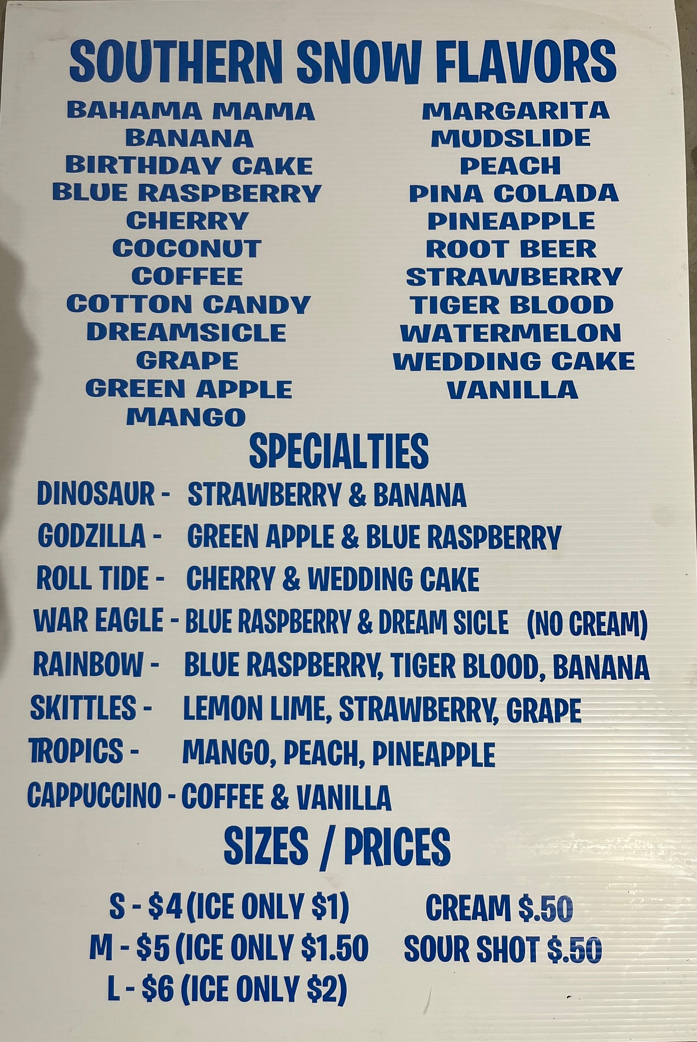 Southern Shaved Ice Menu