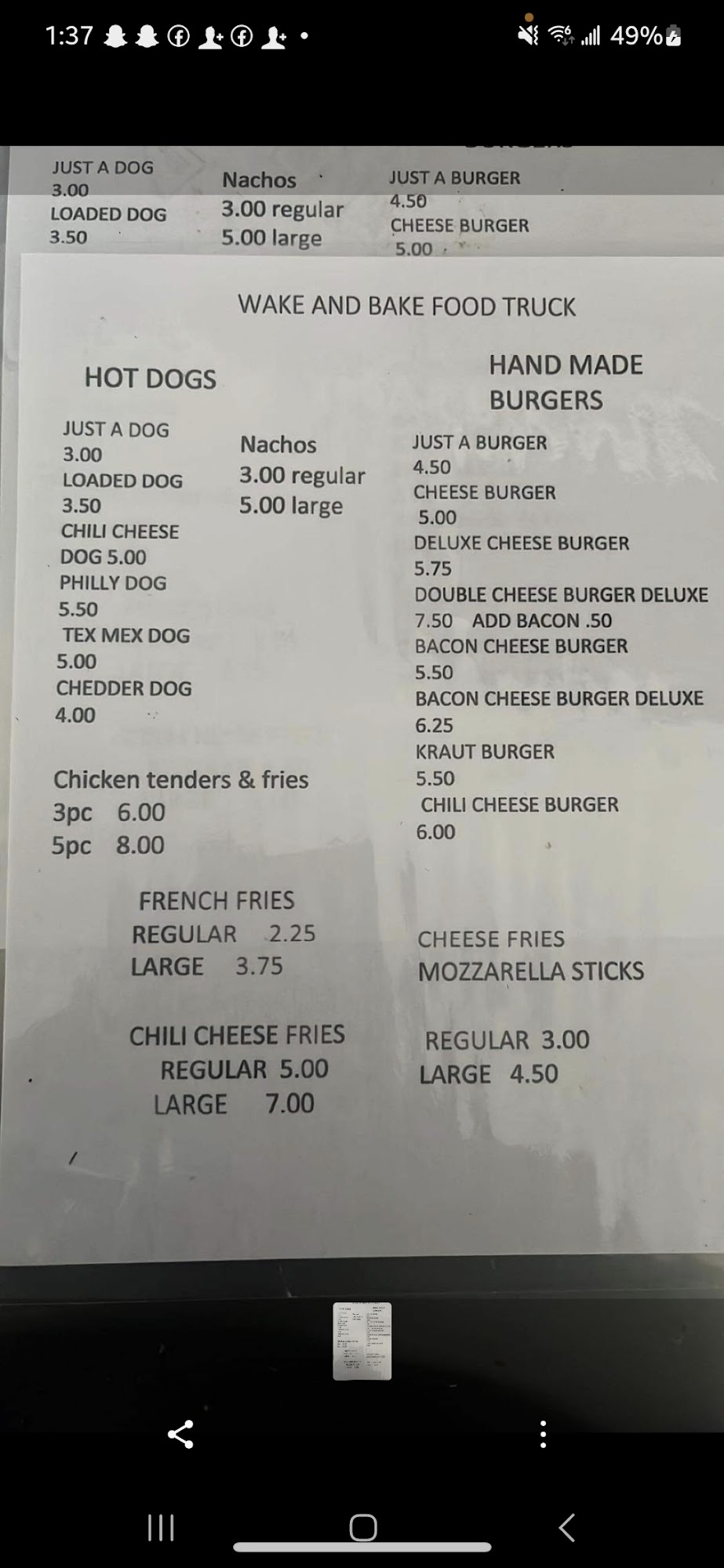 Wake and bake food truck Menu