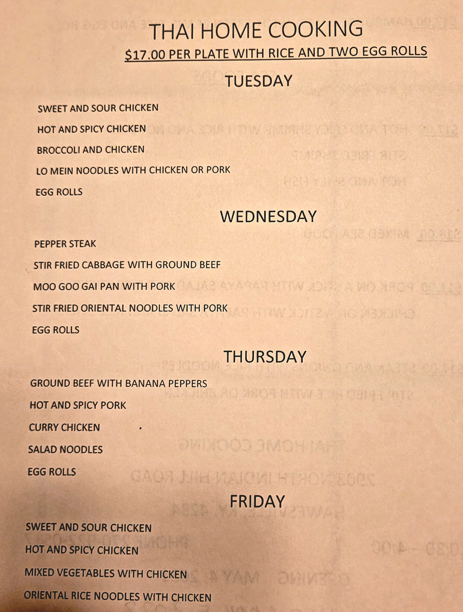 Thai Home Cooking Menu