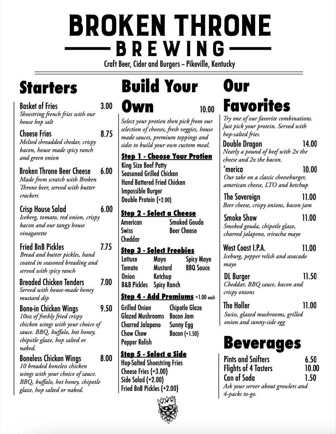 Broken Throne Brewing Menu