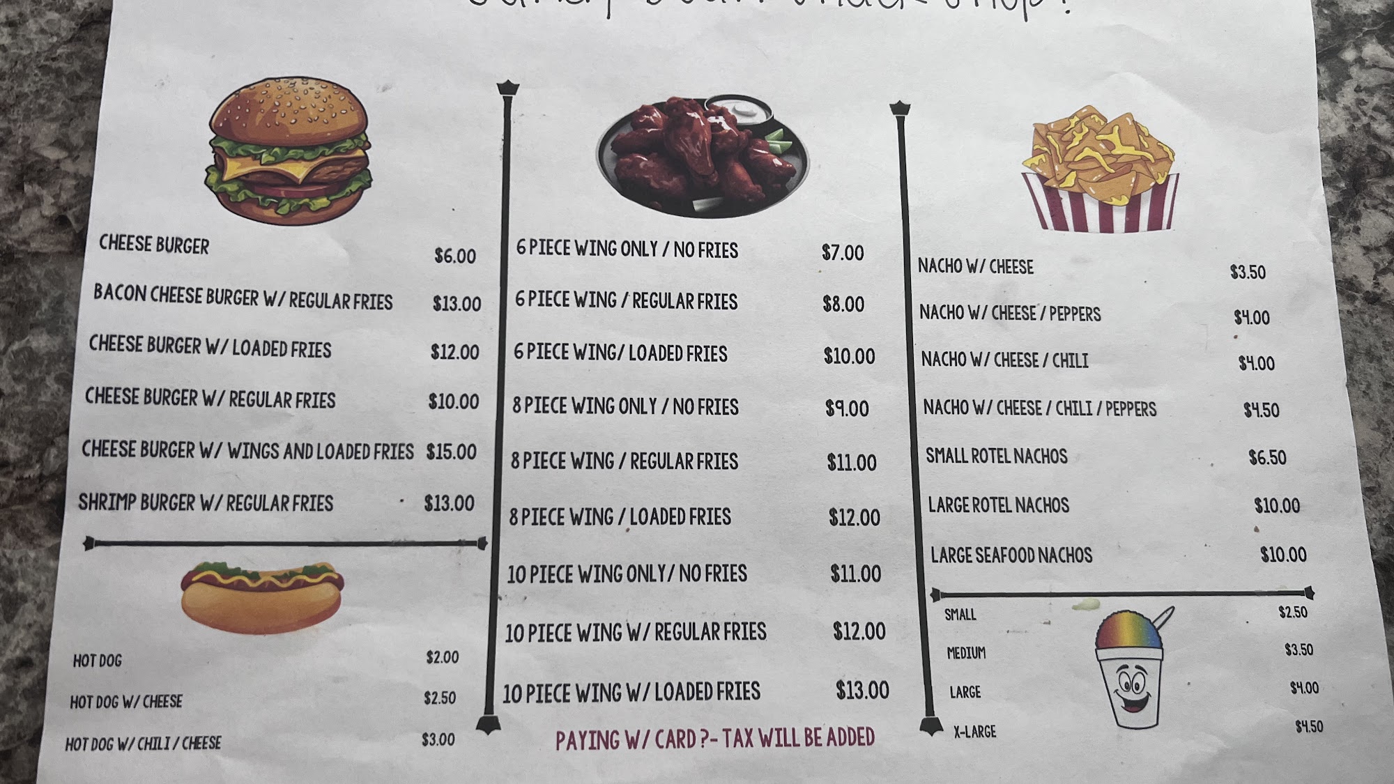 Sandy Dean Snack Shop Menu