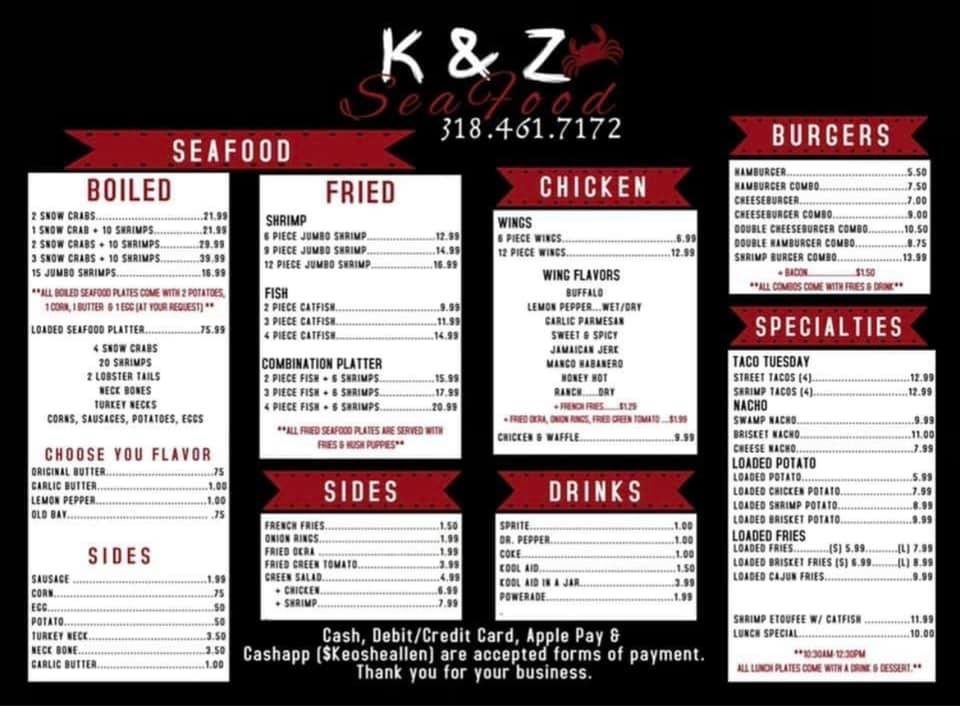 K&Z Seafood Menu