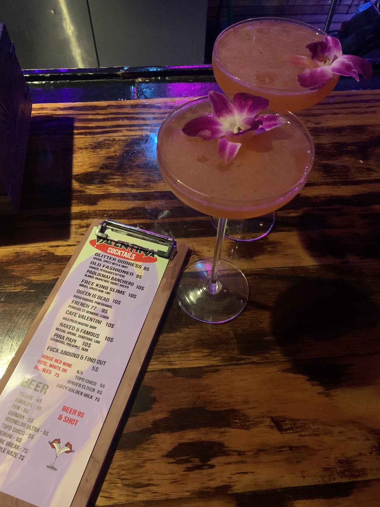 Valentina the Bar Menu