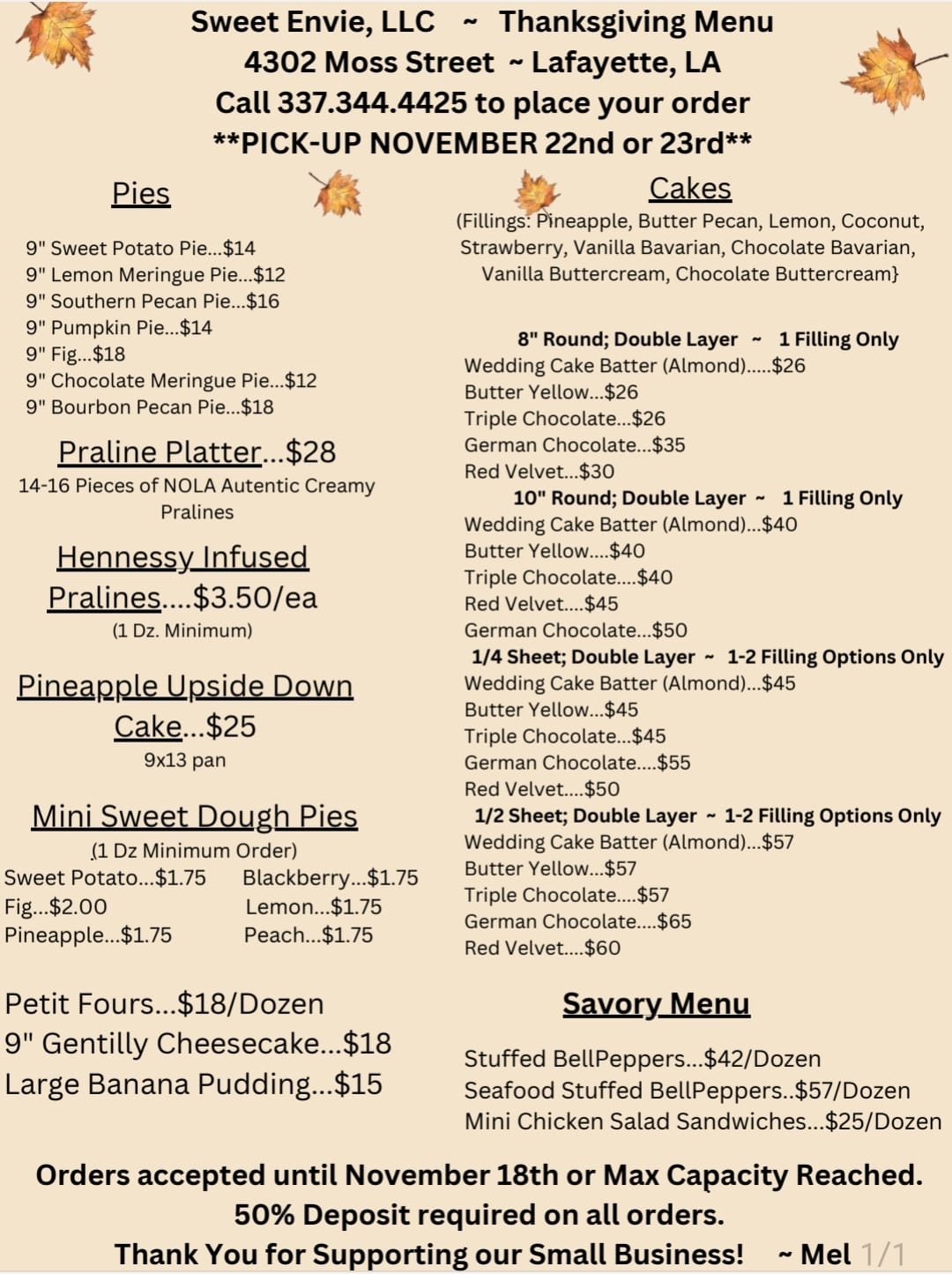 Sweet Envie, LLC Menu