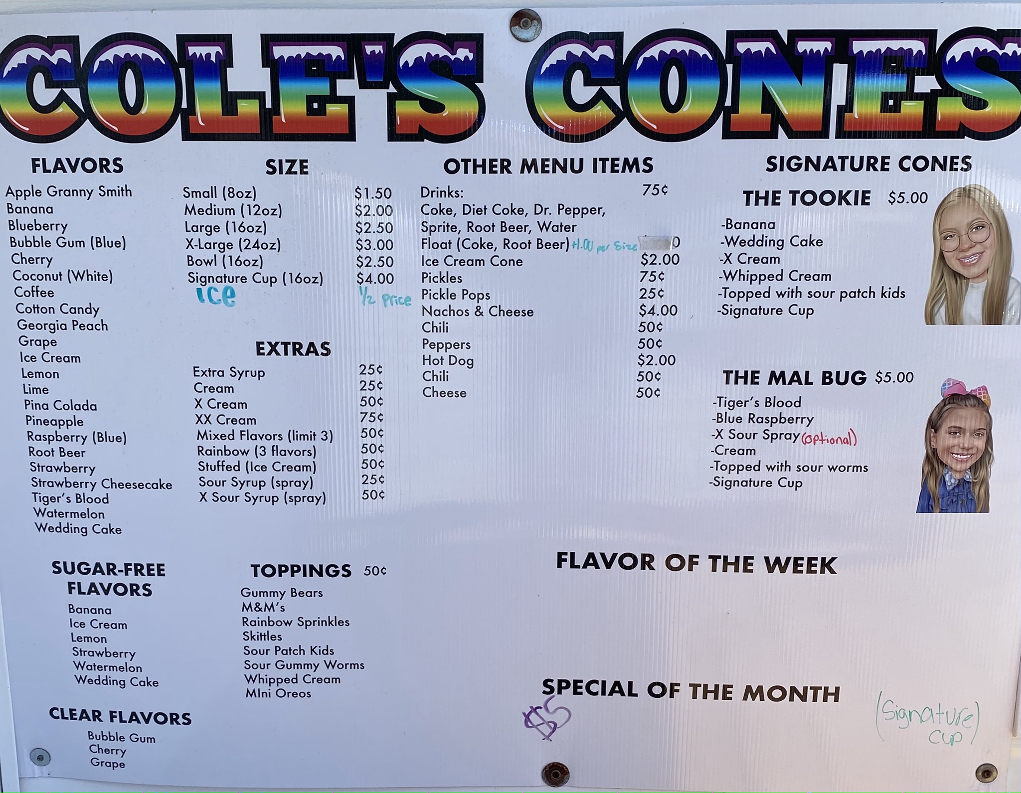 Cole's Cones Snow Cones Menu