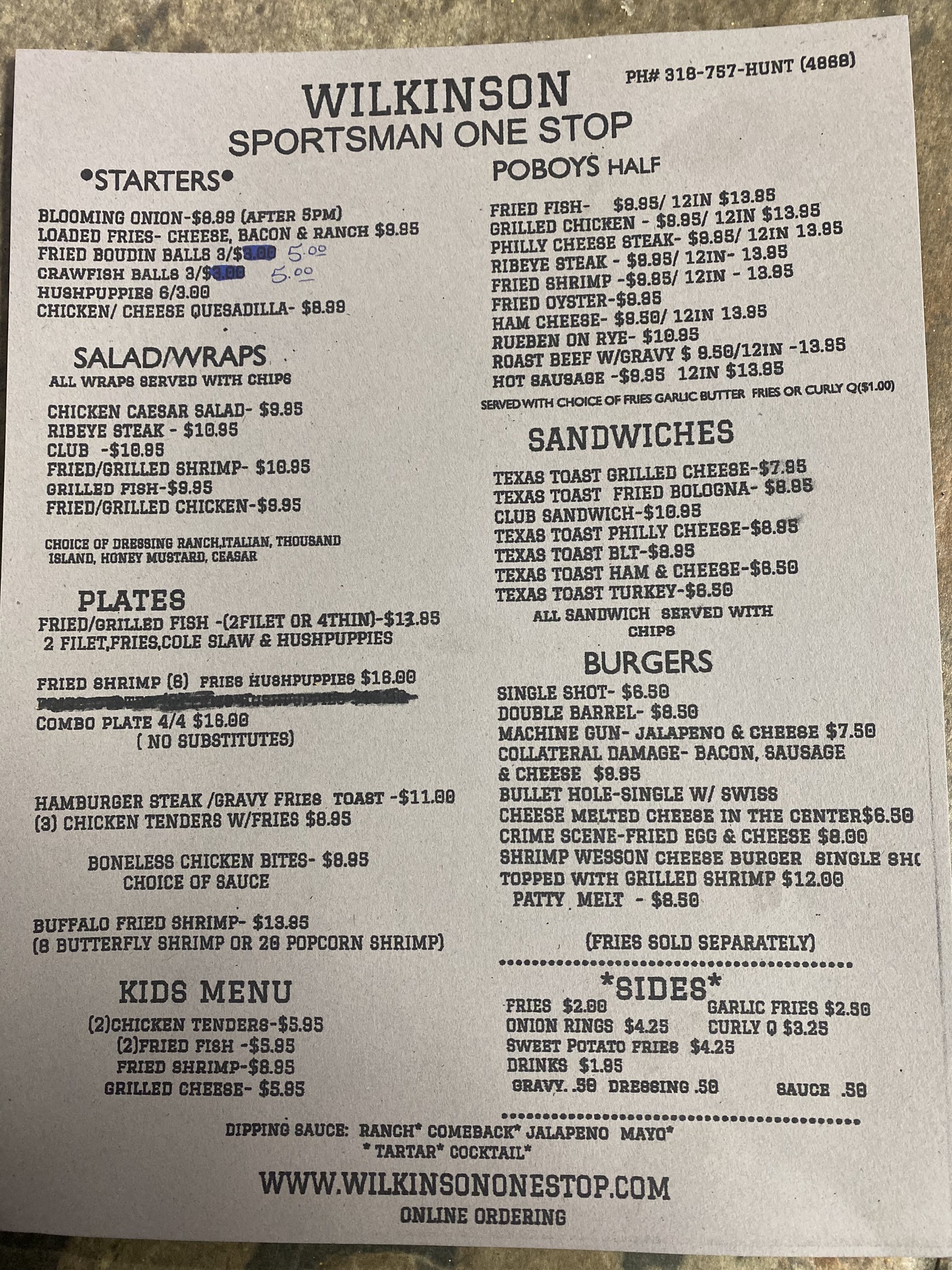 Wilkinson Sportsman One Stop Menu
