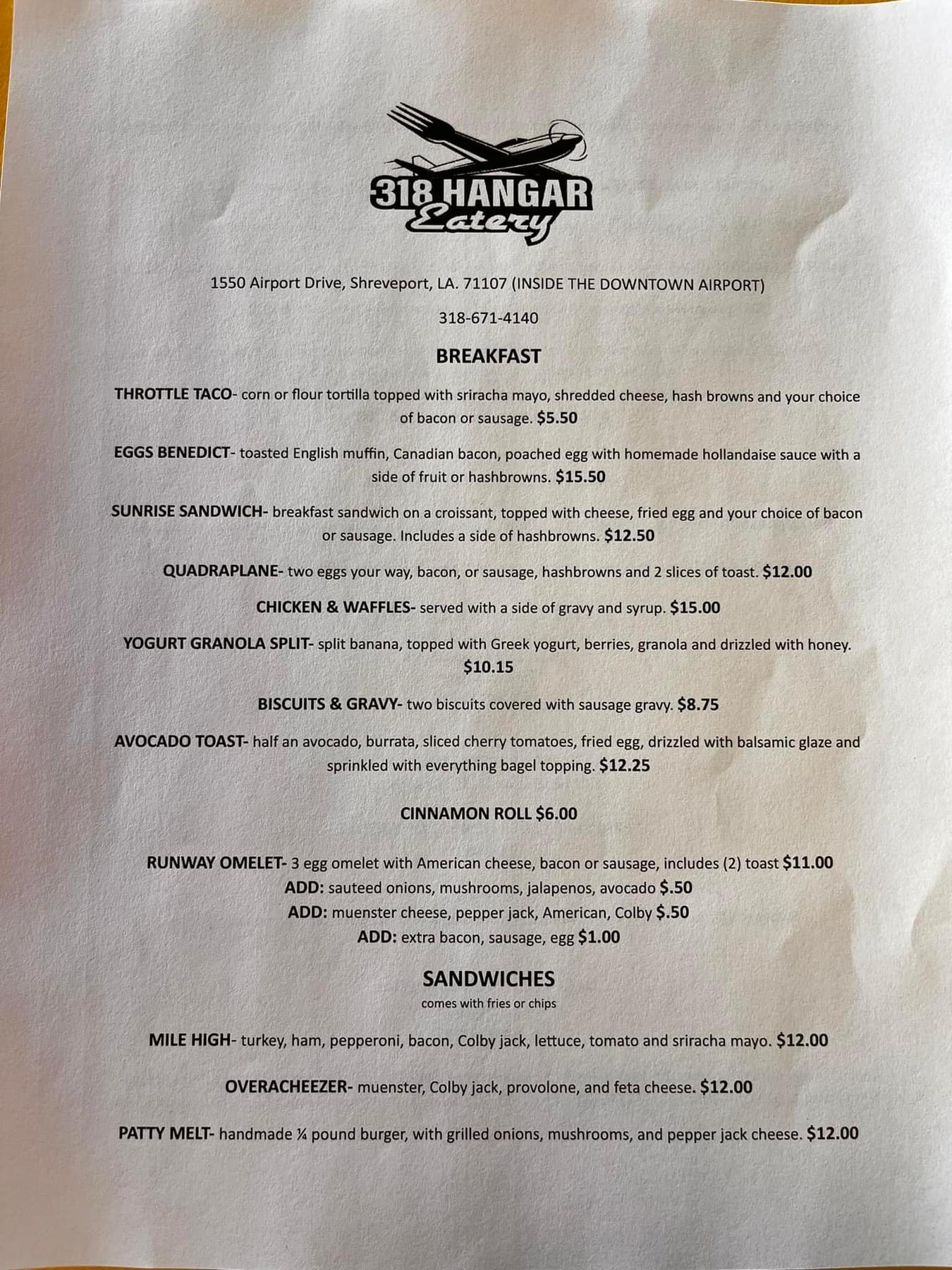 318 Hangar Eatery Menu