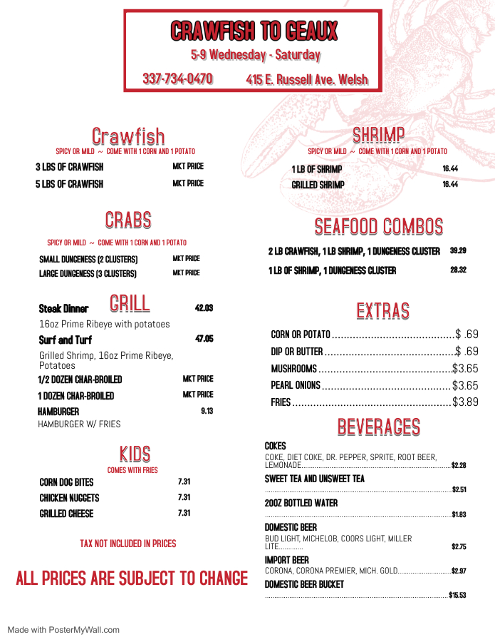 Crawfish To Geaux Menu