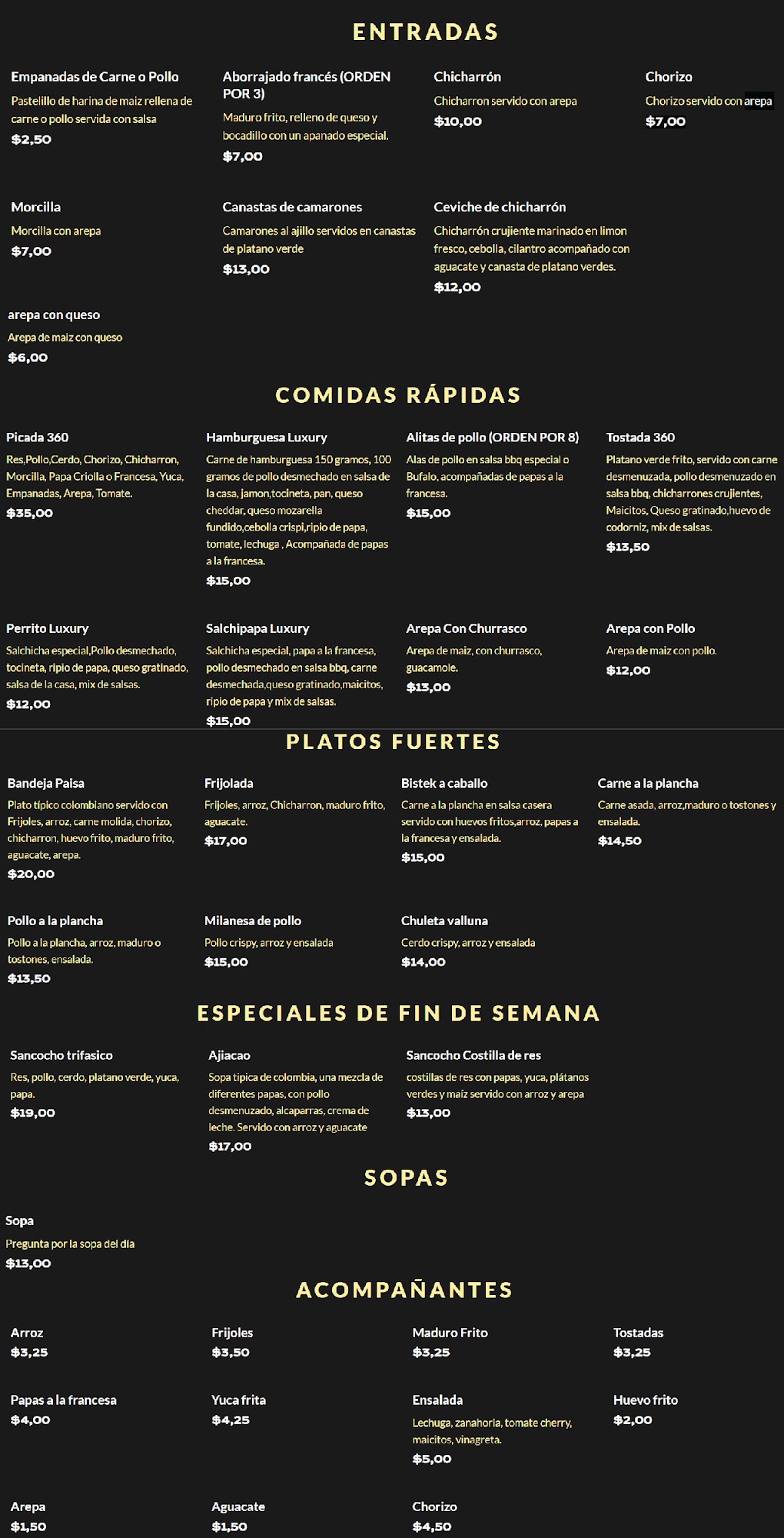 Luxury 360 Bar & Lounge Menu