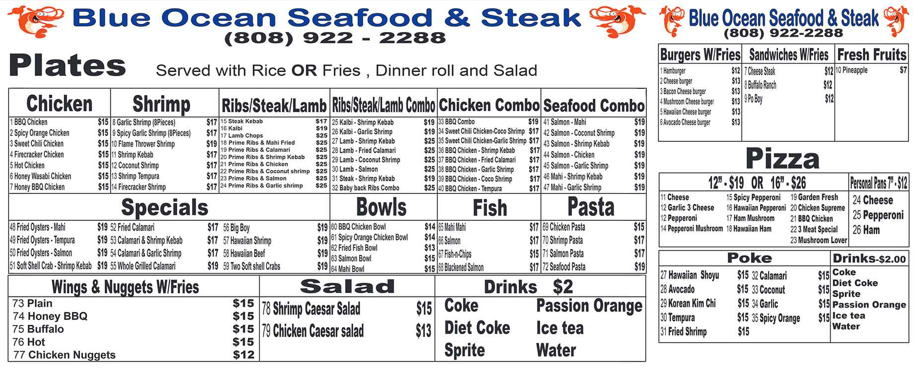 Blue Ocean Seafood, Inc. Menu