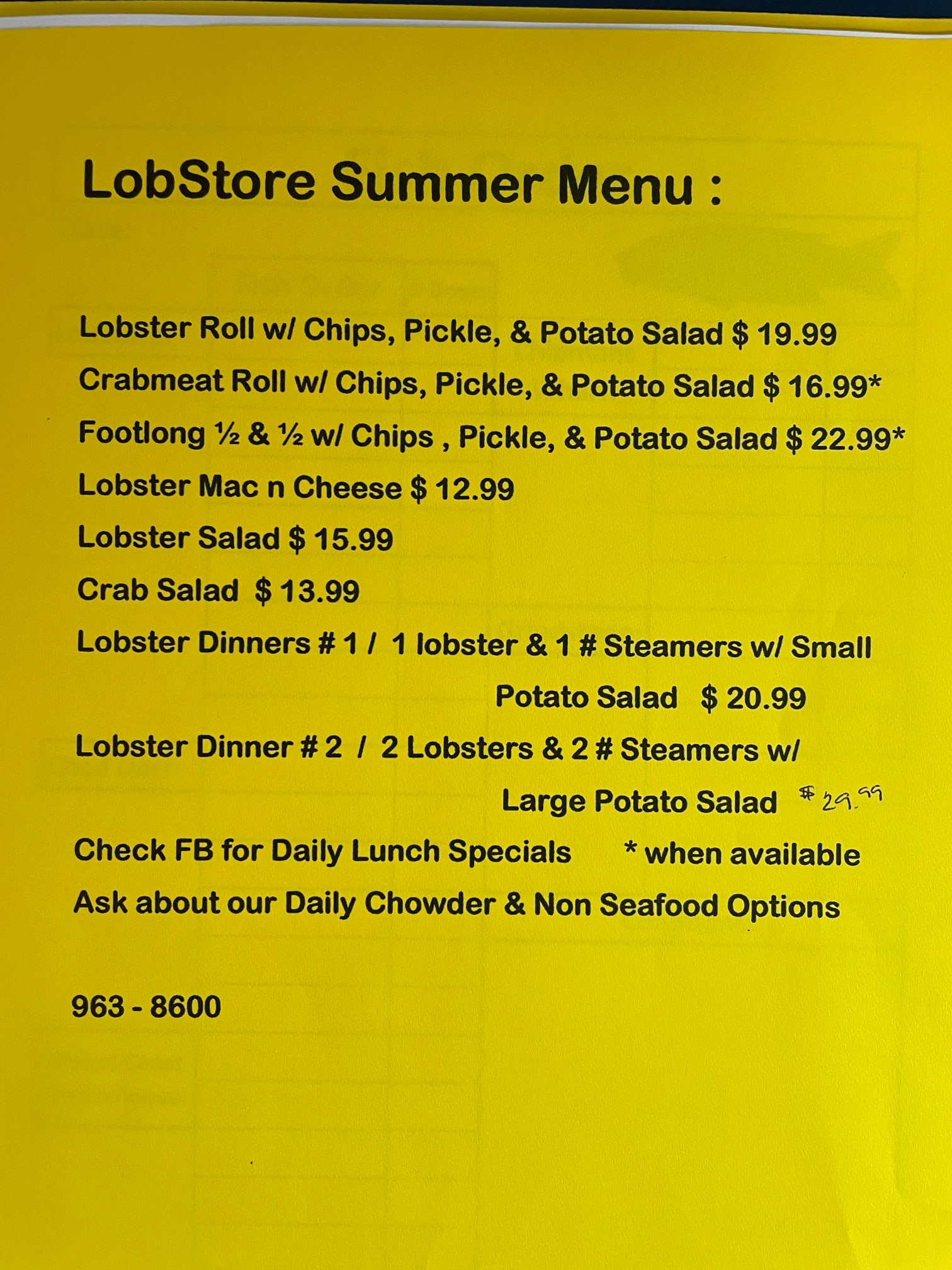The Lobstore Menu