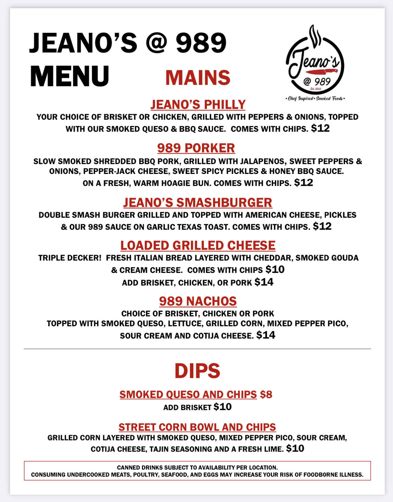 Jeano’s At 989 Menu