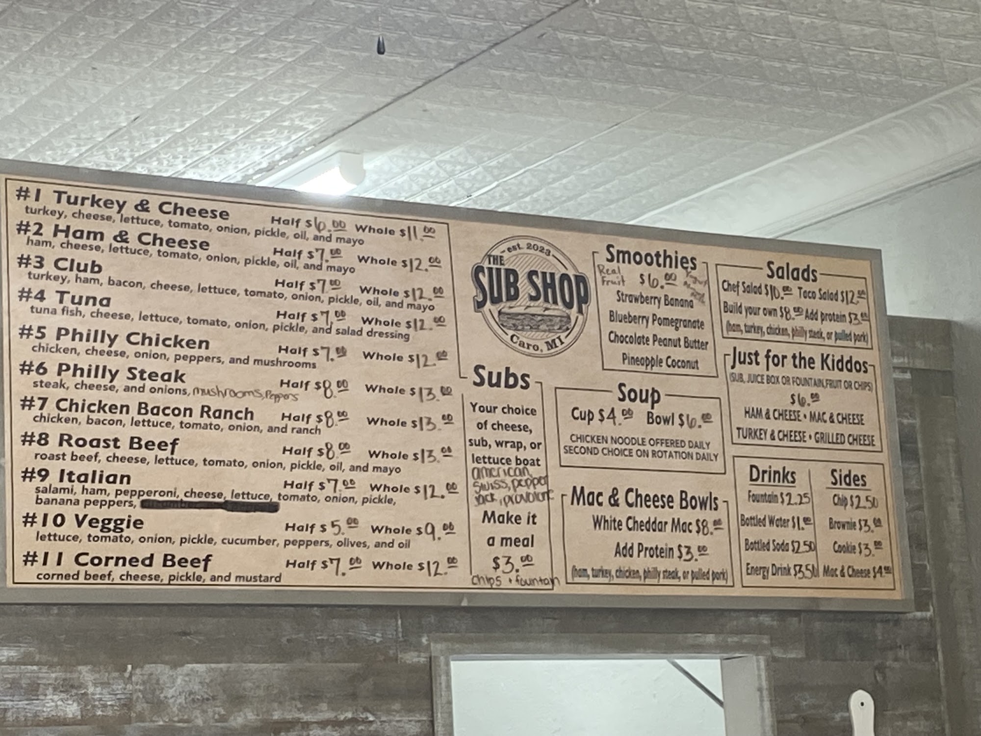 The Sub Shop Menu