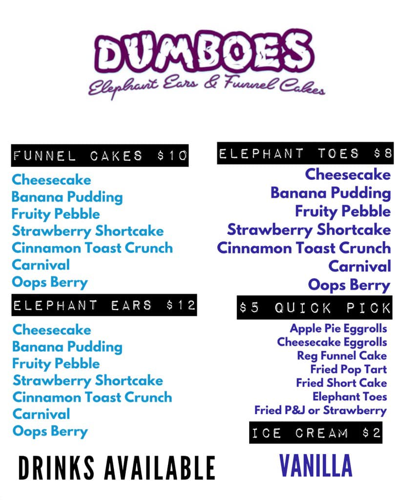 Dumboes Elephant Ears & Funnel Cakes Menu