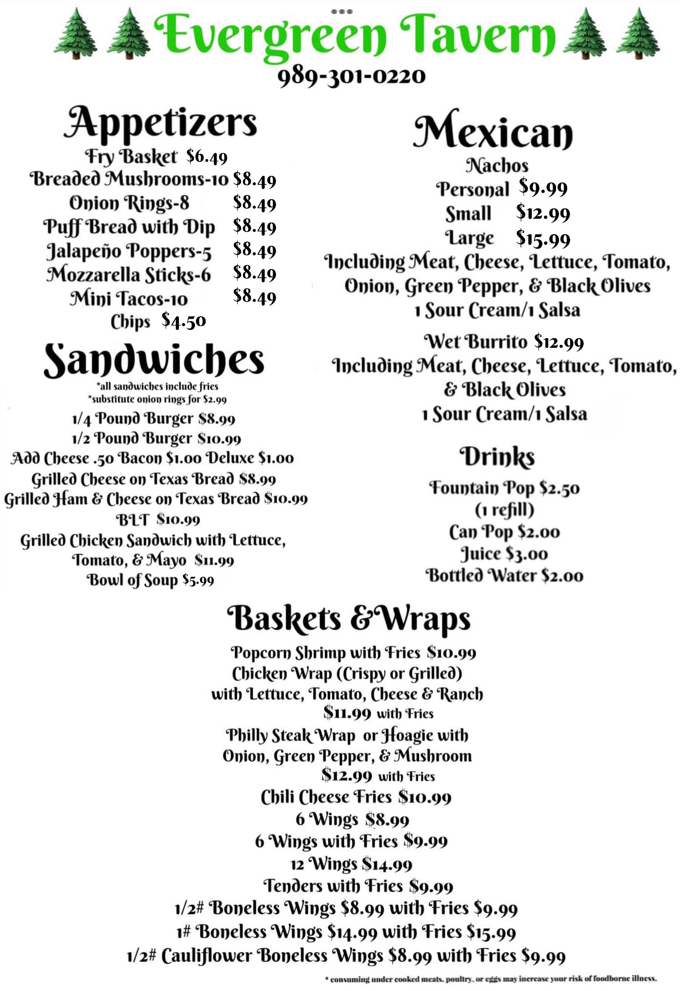 Evergreen Tavern Menu