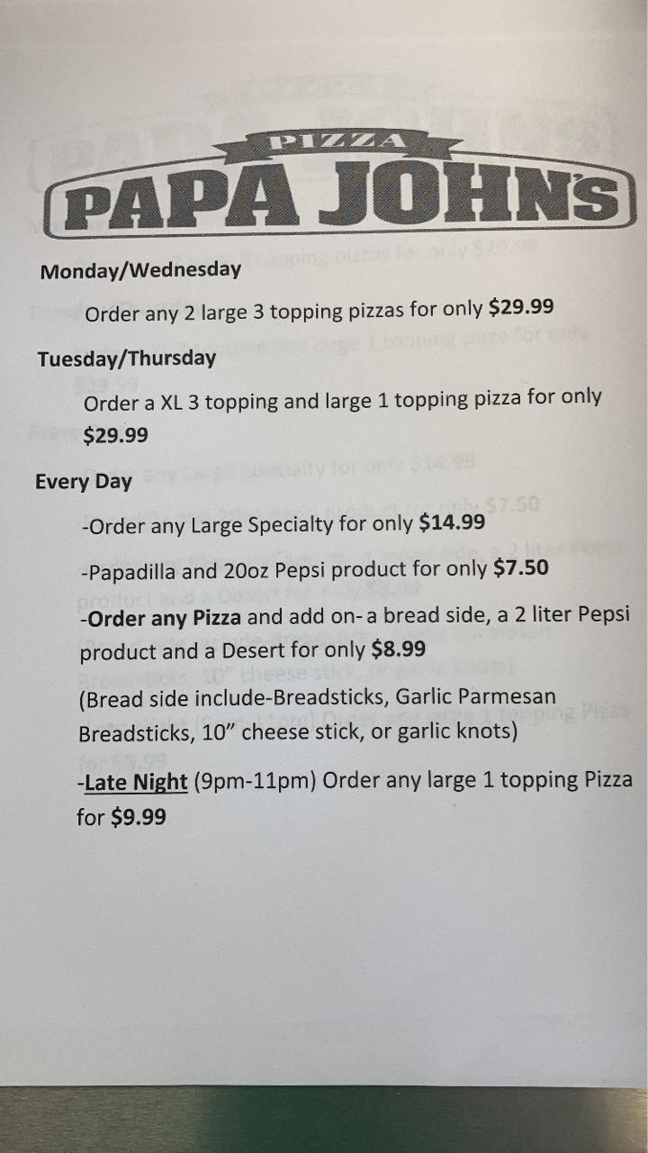 Papa Johns Pizza Menu