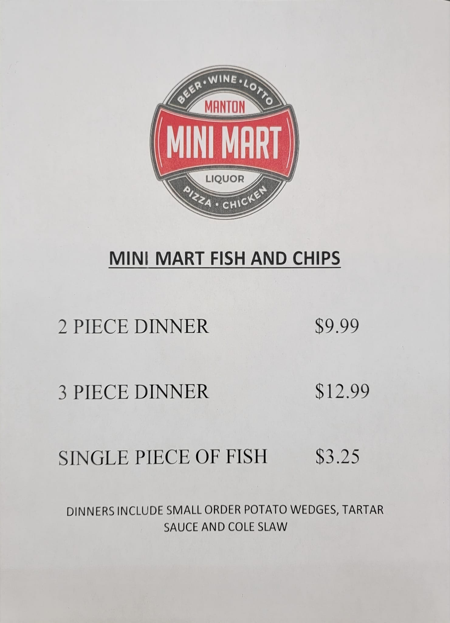 Manton Mini Mart Menu