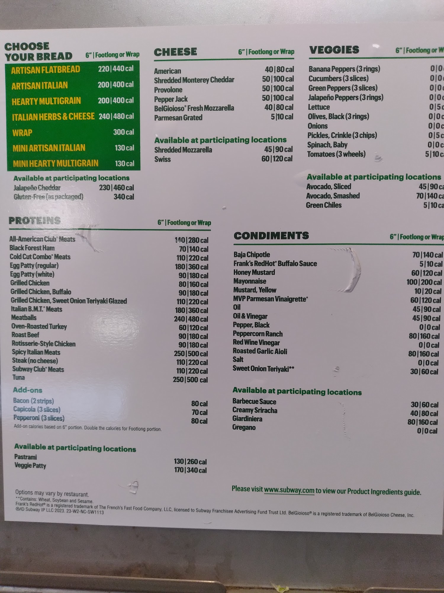 Subway Menu
