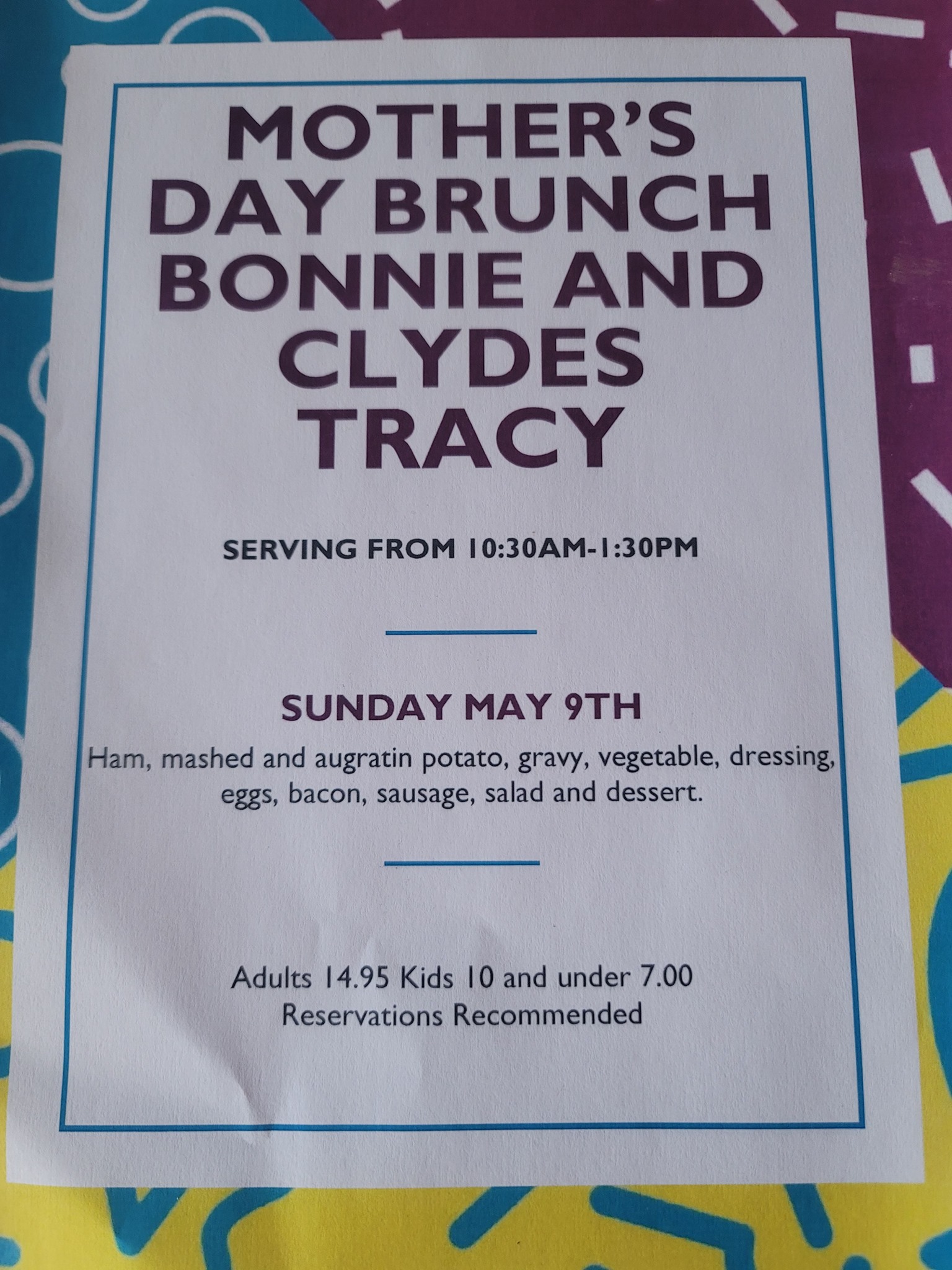 Bonnie and Clydes Menu