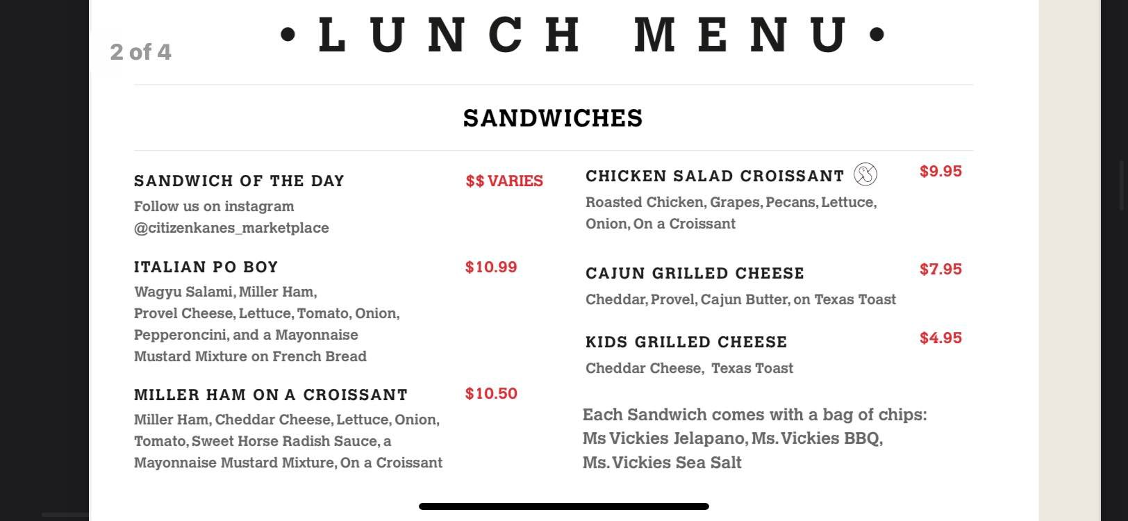 Citizen Kane's Market Place Menu