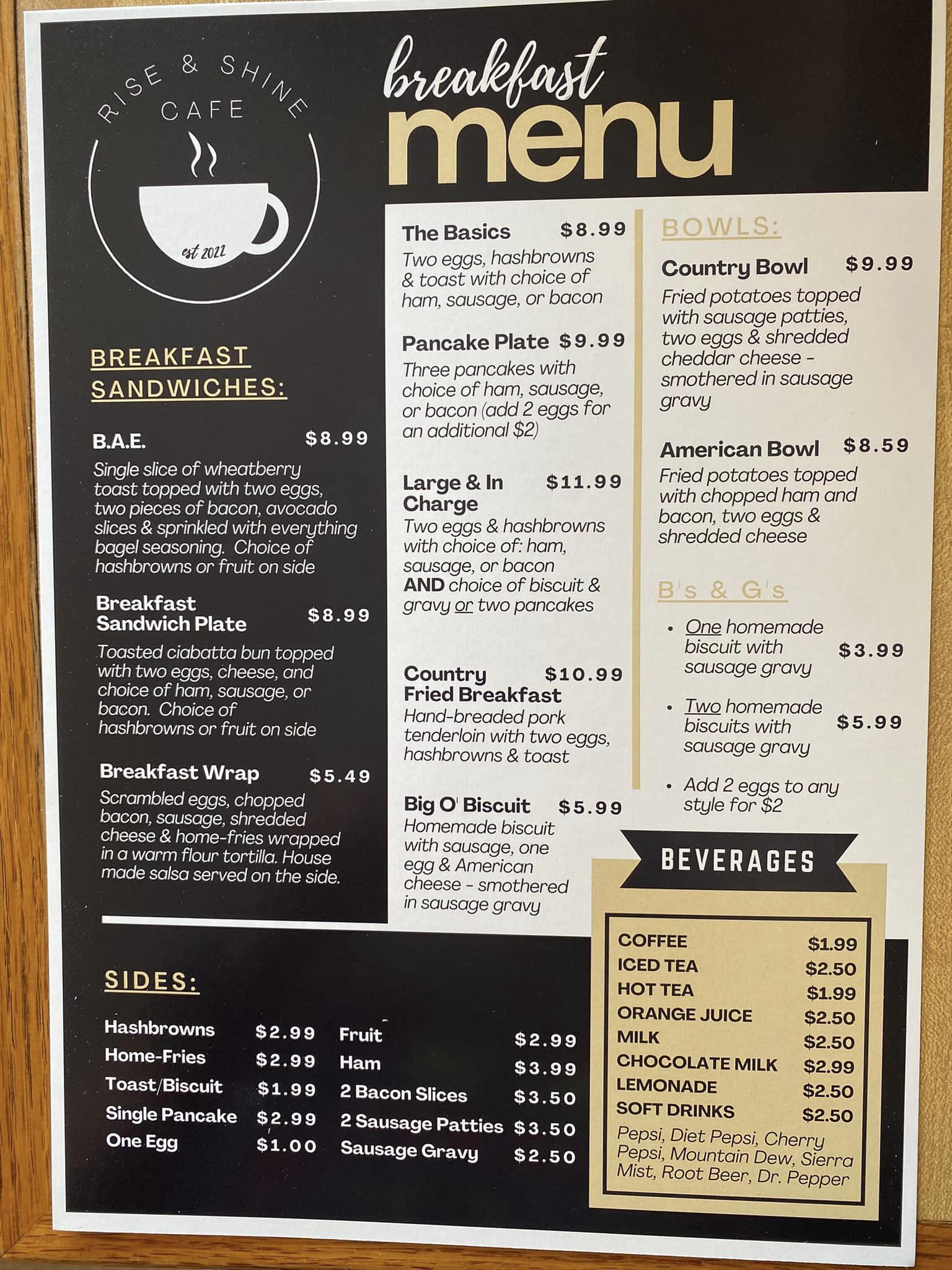 Rise & Shine Cafe Menu