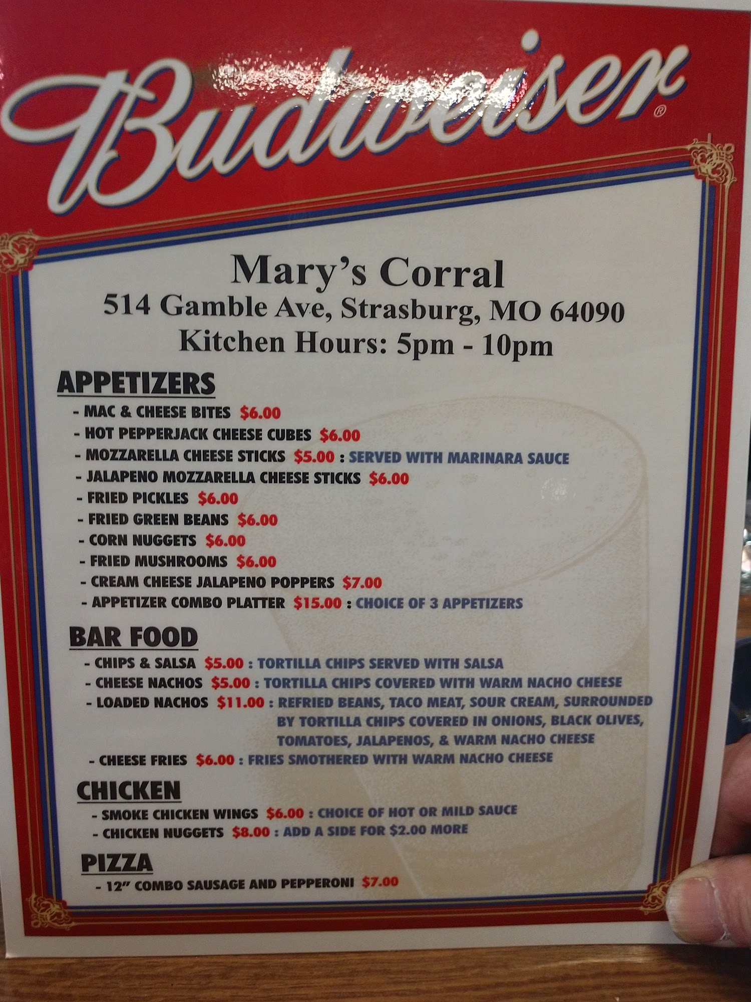 Mary's Corral Menu