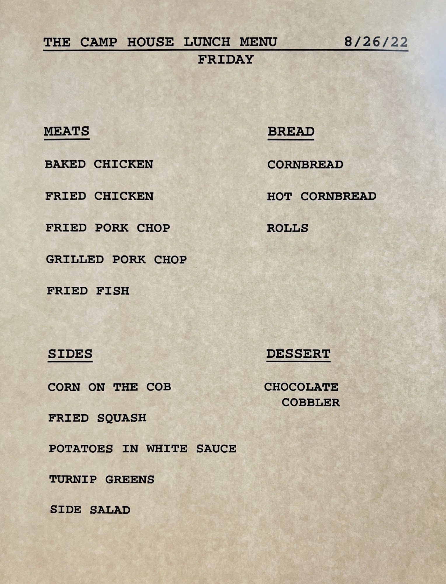 The Camp House Menu