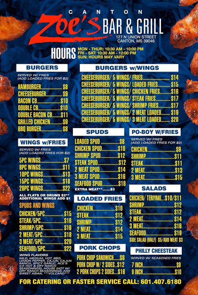Canton Zoe's Bar &Grill Menu