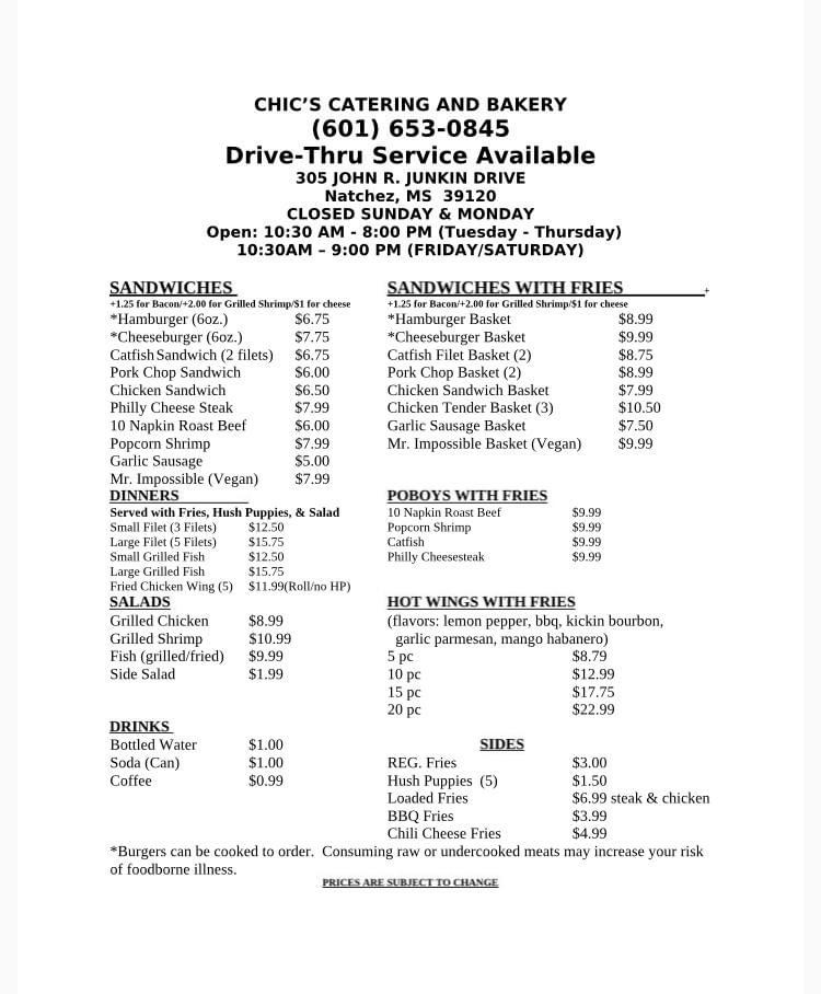 Chic’s Catering & Bakery Menu