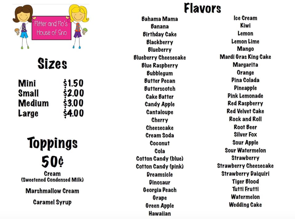 Flitter & Flo's Snowcones Menu