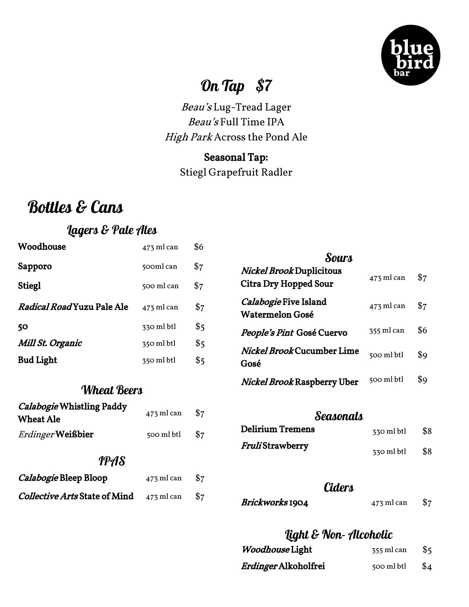 Nick's Bluebird Bar Menu