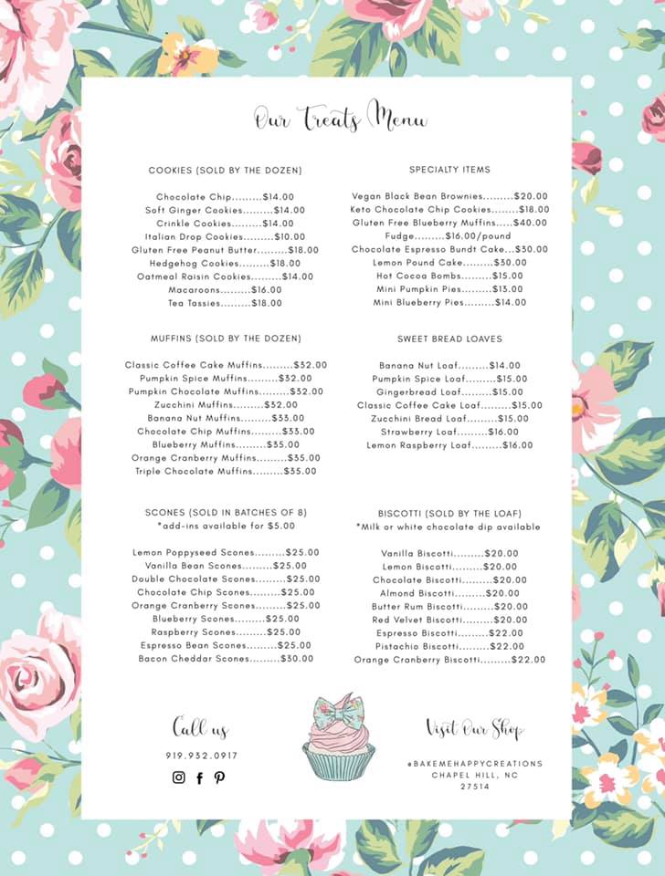 Bake Me Happy Menu