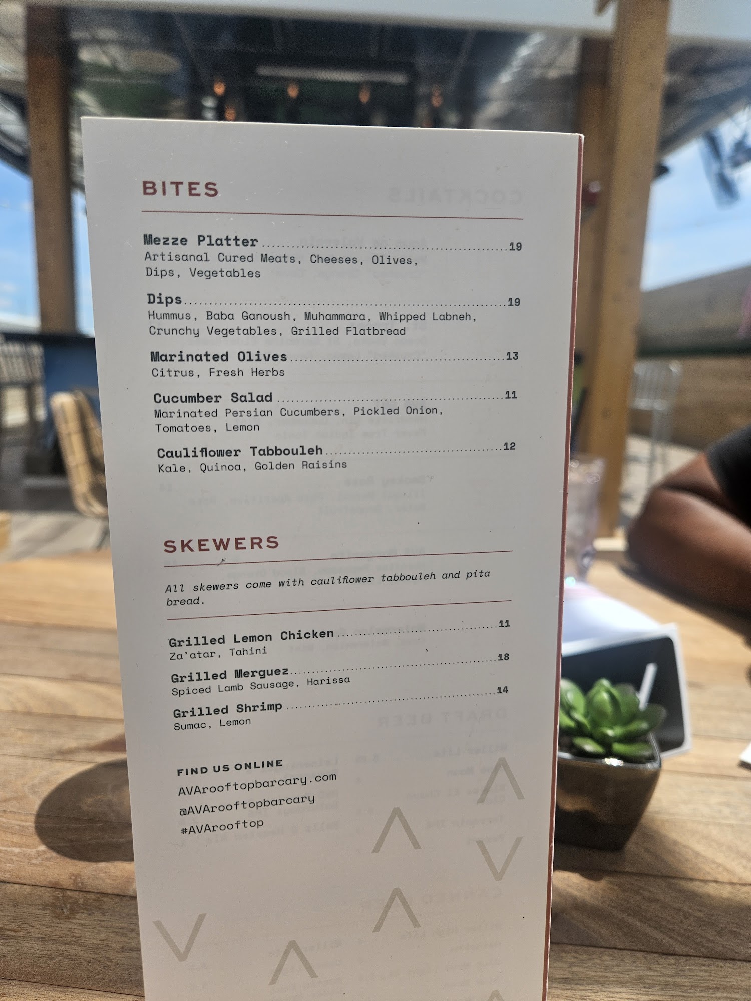 Ava Rooftop Bar Menu