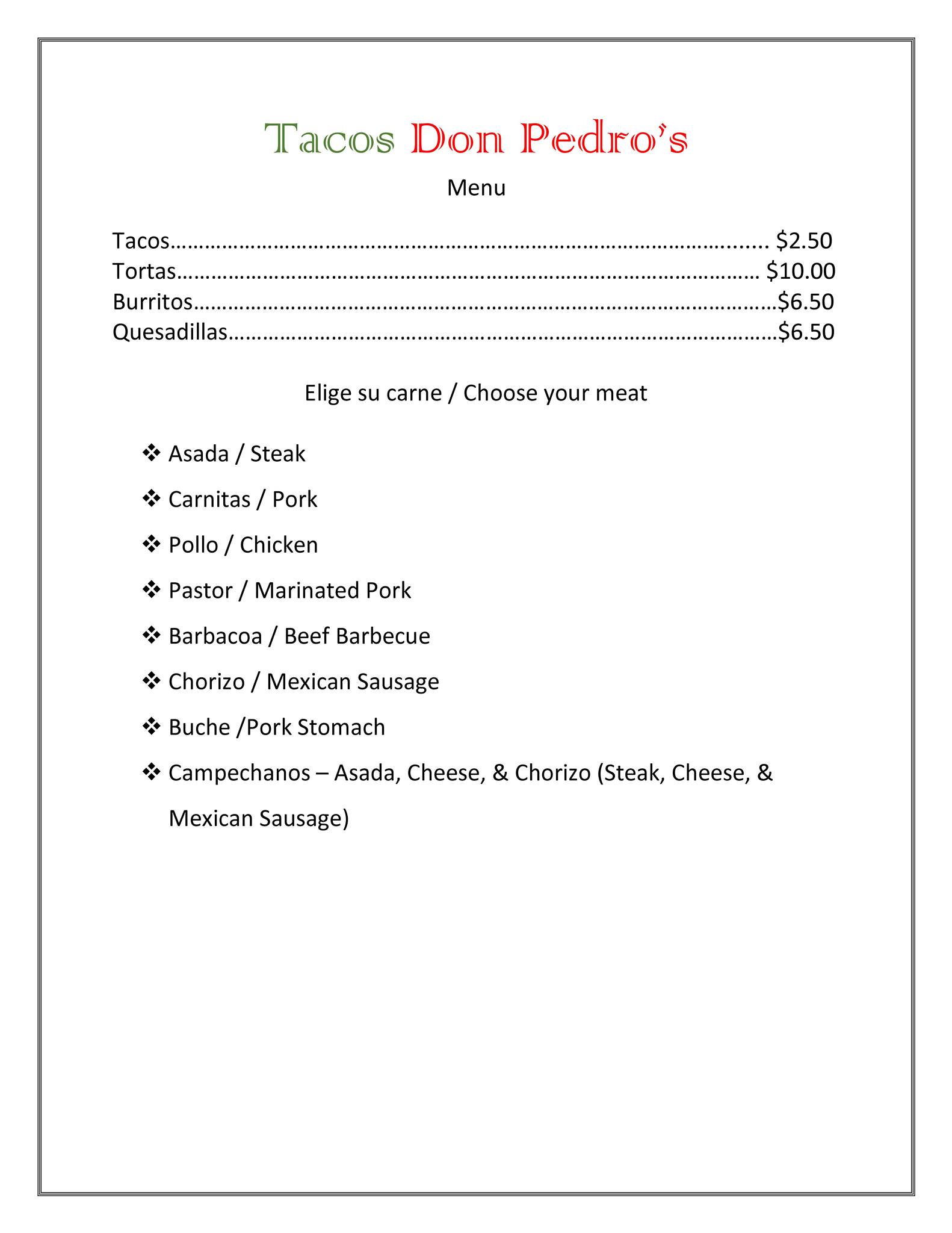 Tacos don pedro's Menu