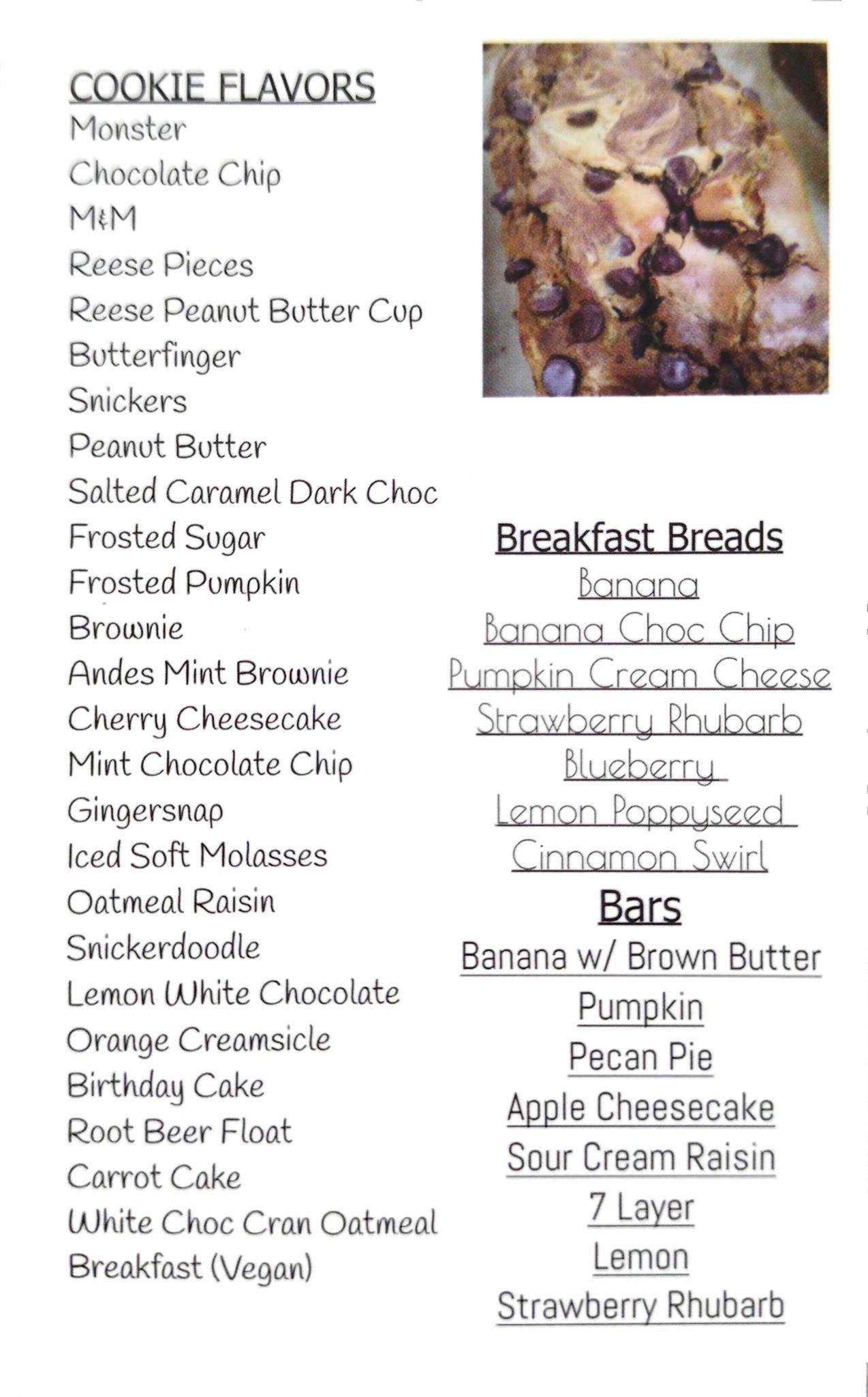 Jen's Bakery Menu