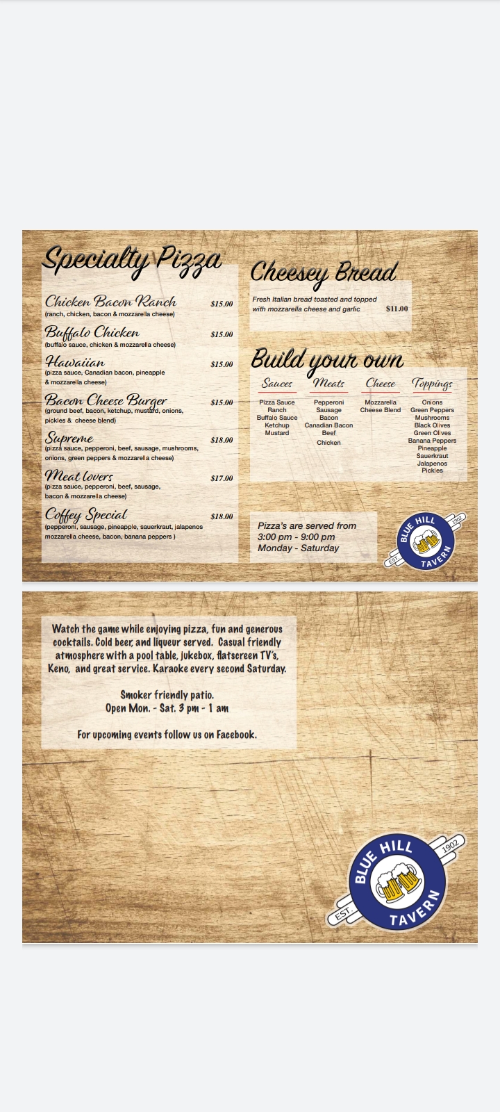 Blue Hill Tavern Menu