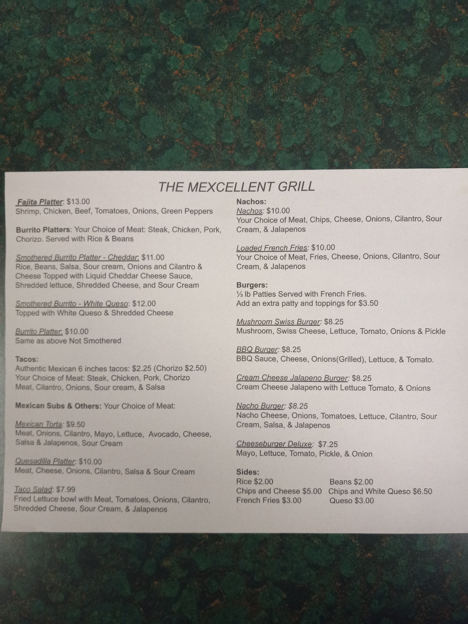 The Mexcellent Grill, LLC Menu