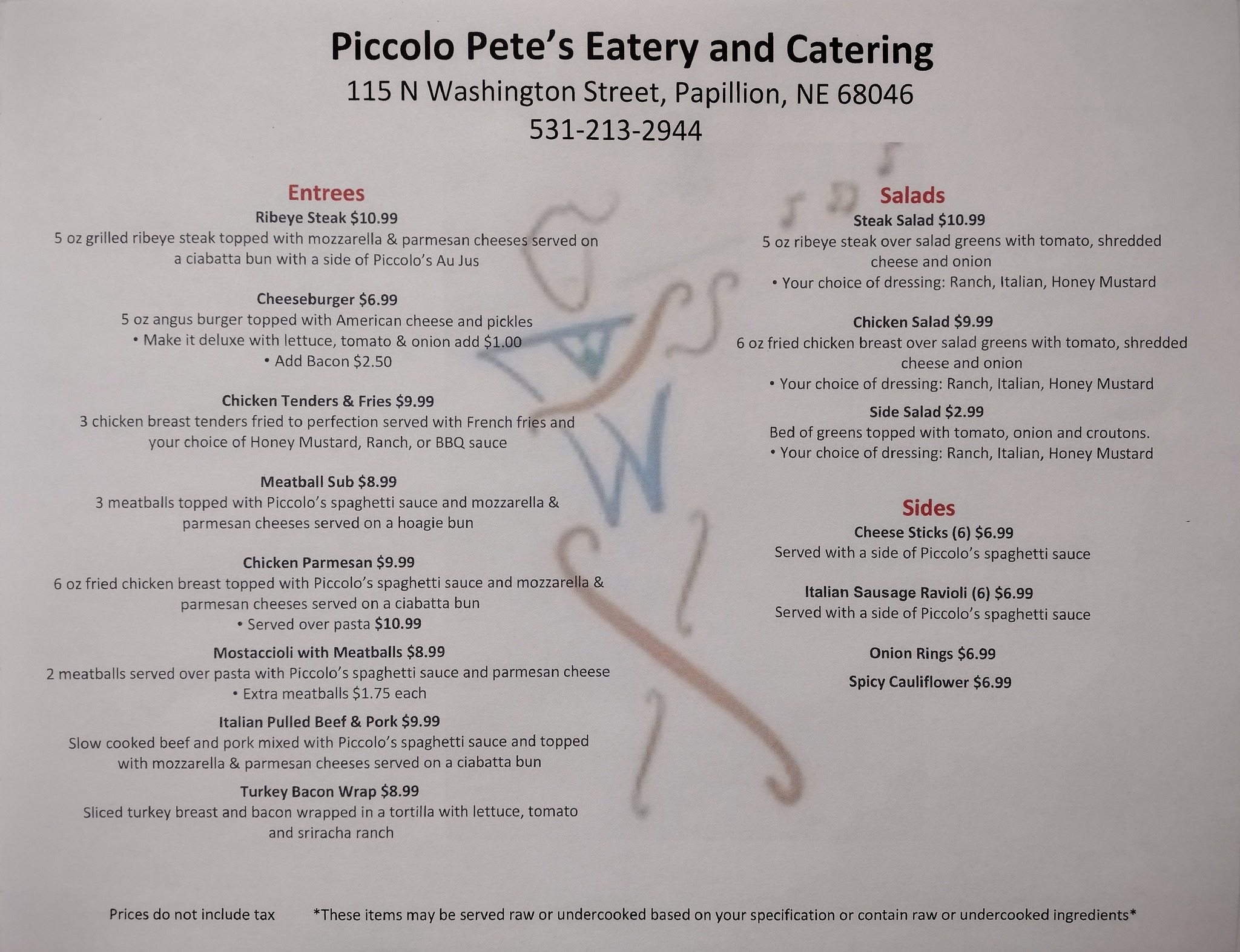 Piccolo Pete's Menu