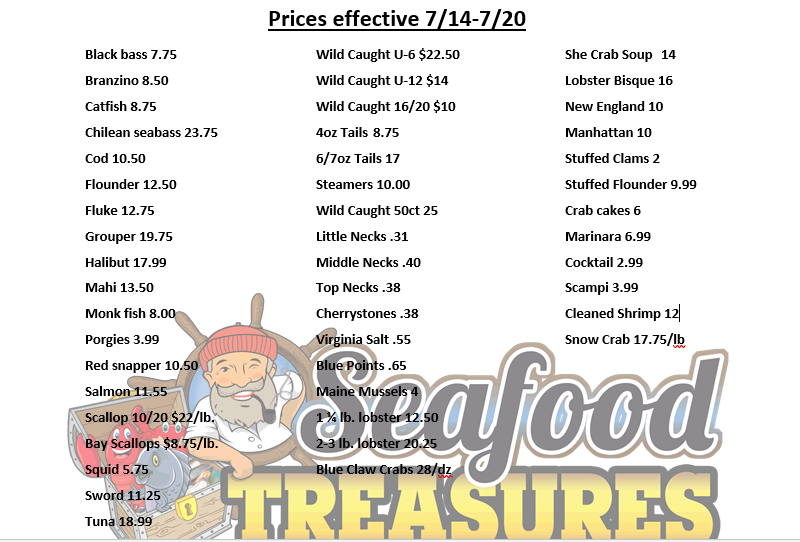 Seafood Treasures Menu