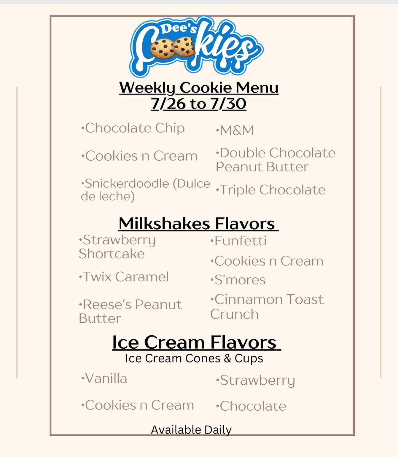 Dee's Cookies Menu