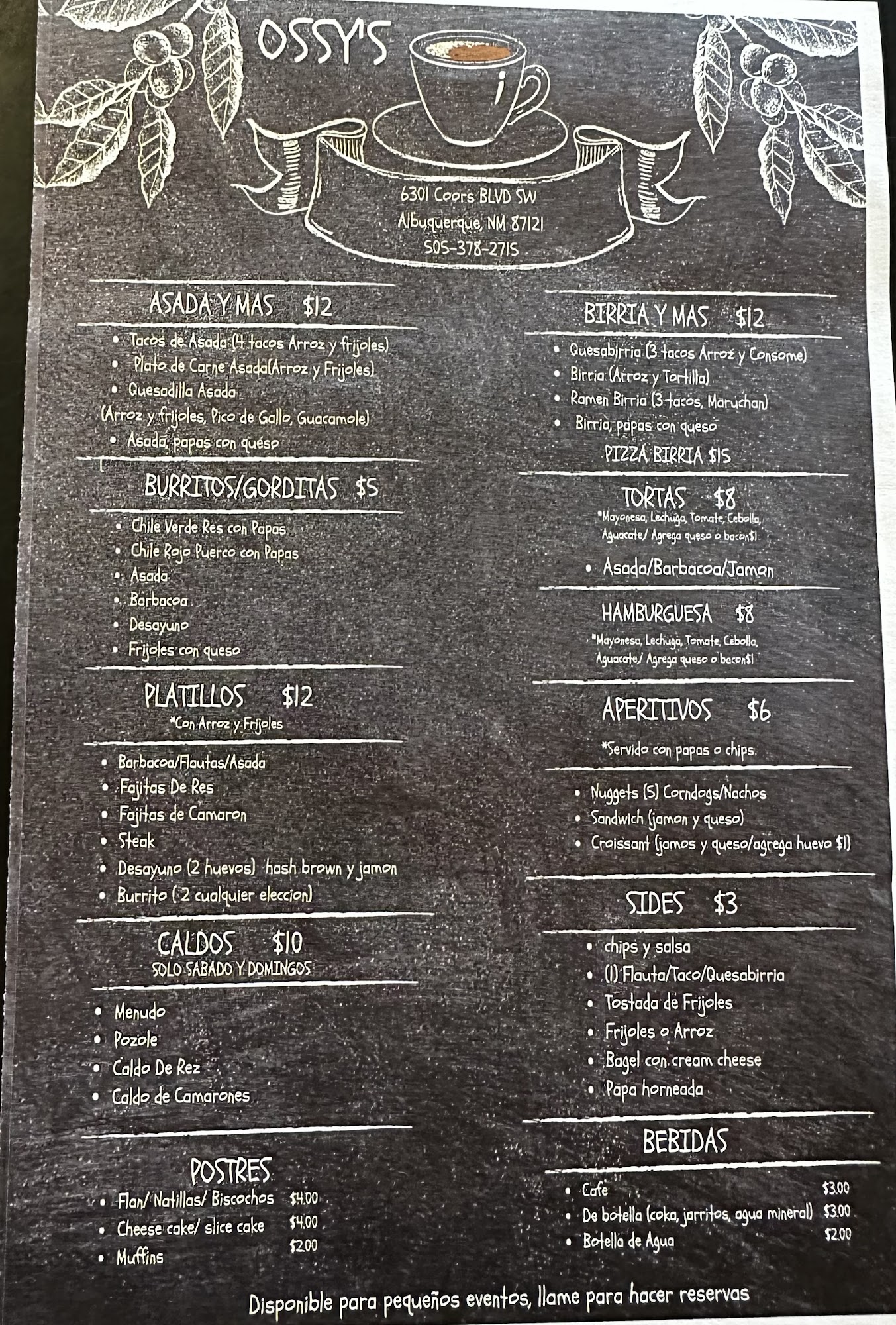 Ossy's Cafe Menu