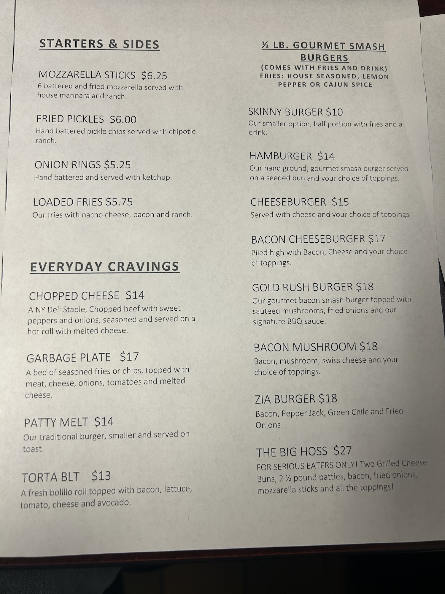 The Chuckwagon Burgers & More Menu