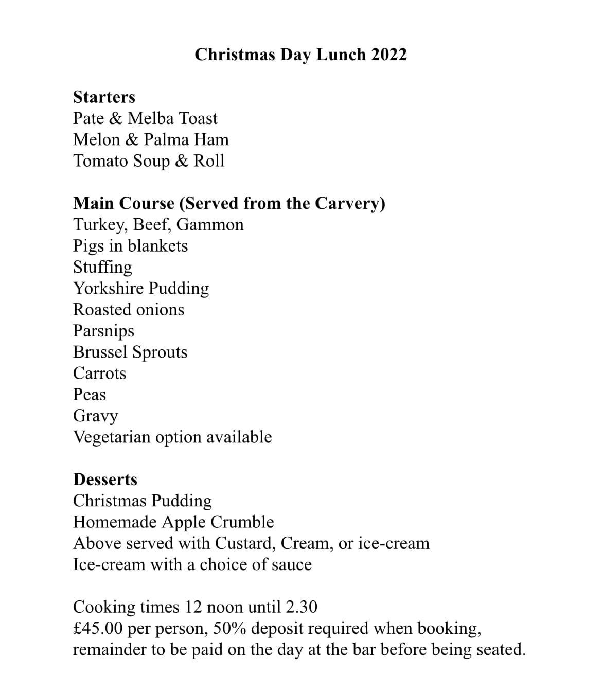 The Millwrights Arms Menu