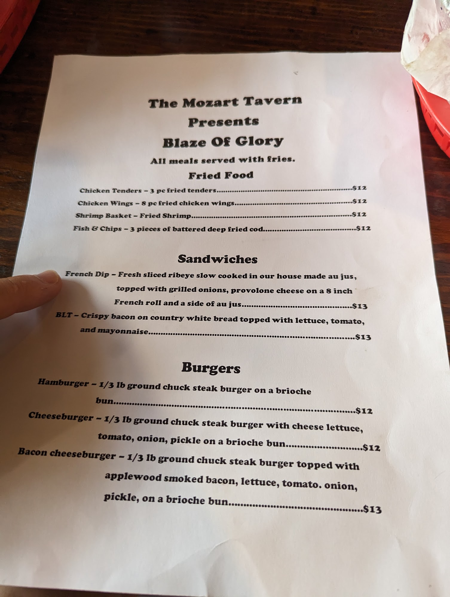 The Mozart Tavern Menu