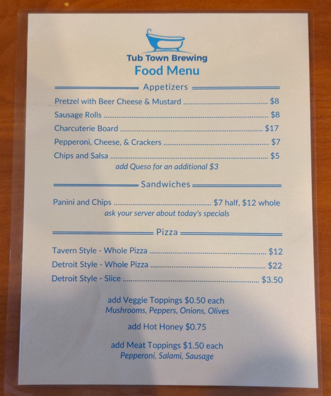 Tub Town Brewing Menu