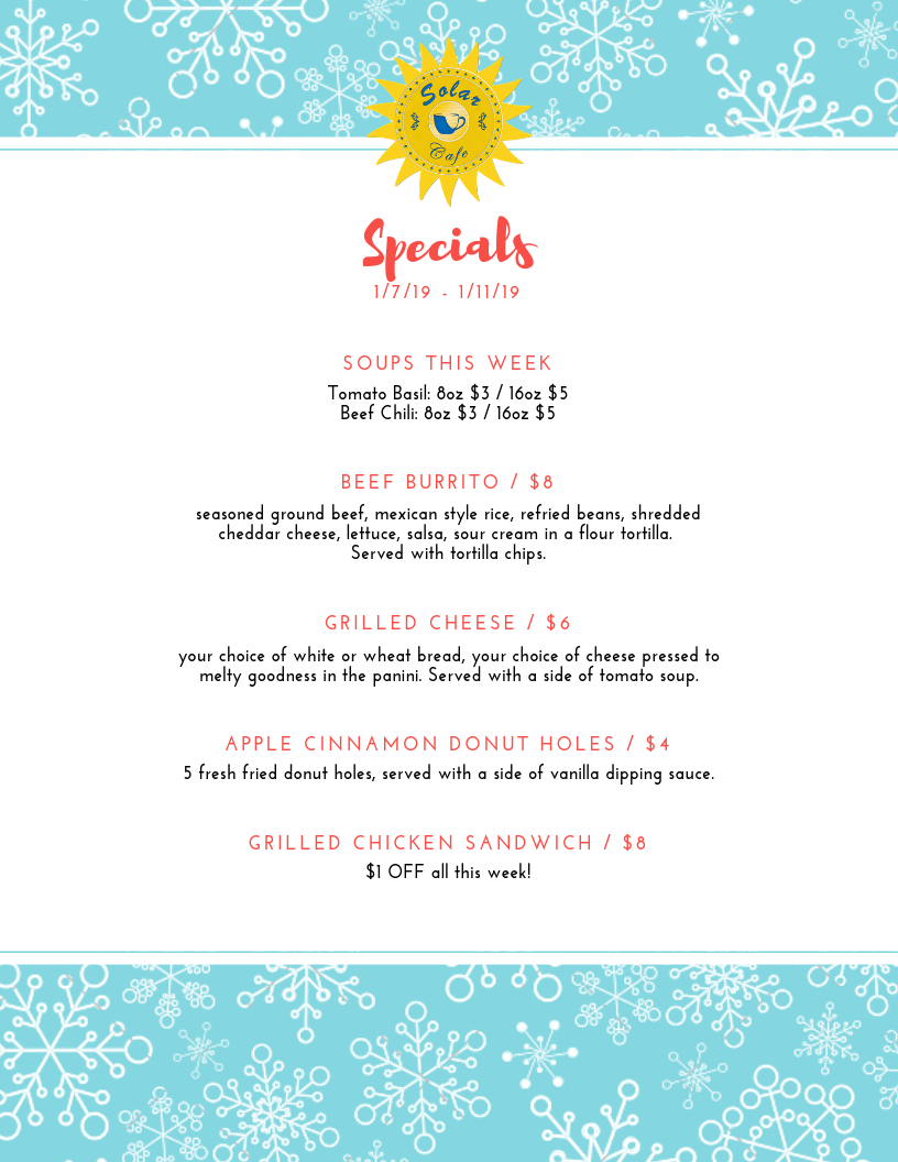 The Solar Cafe at Collegiate Village Menu