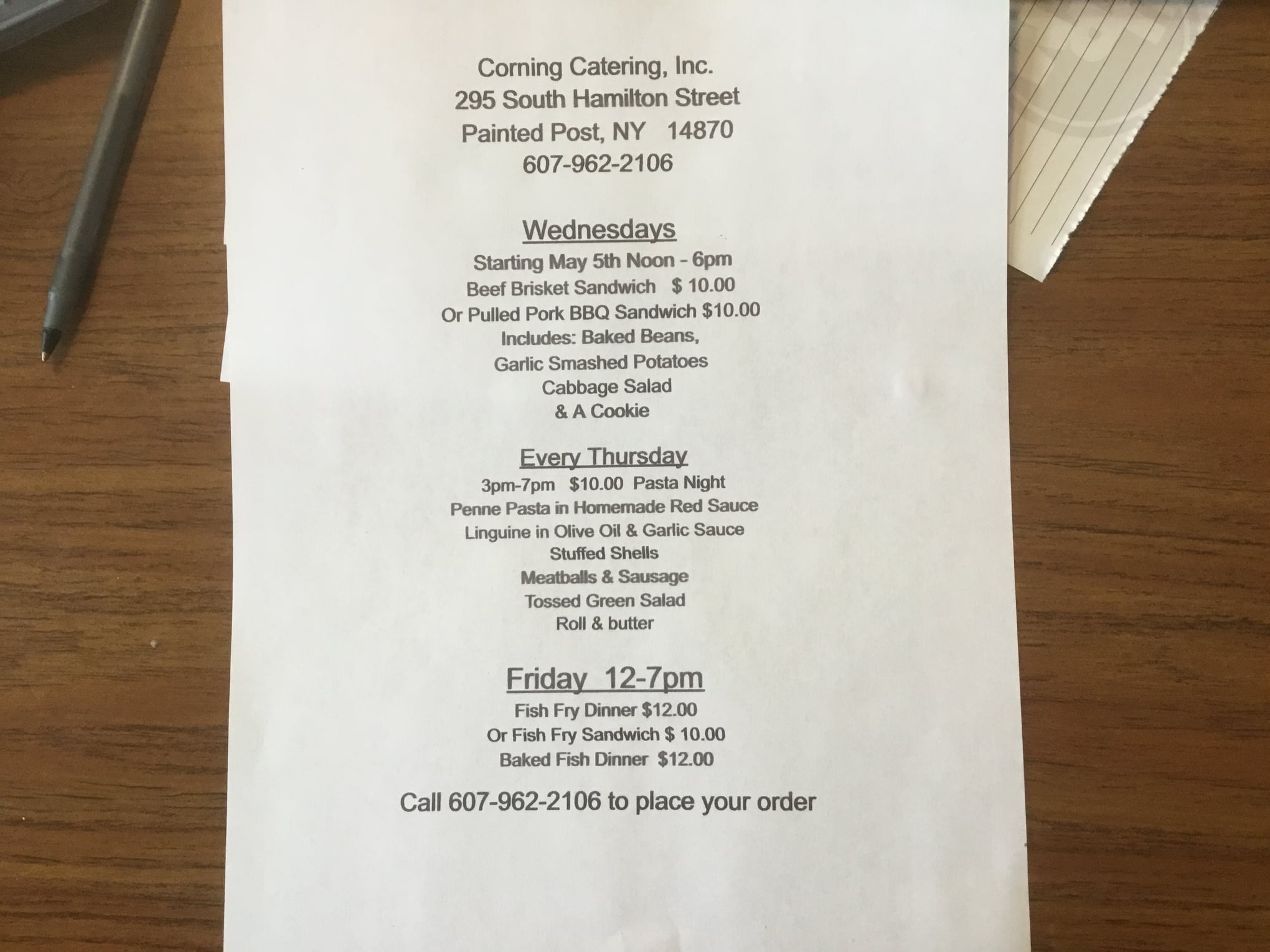 Corning Catering Inc Menu
