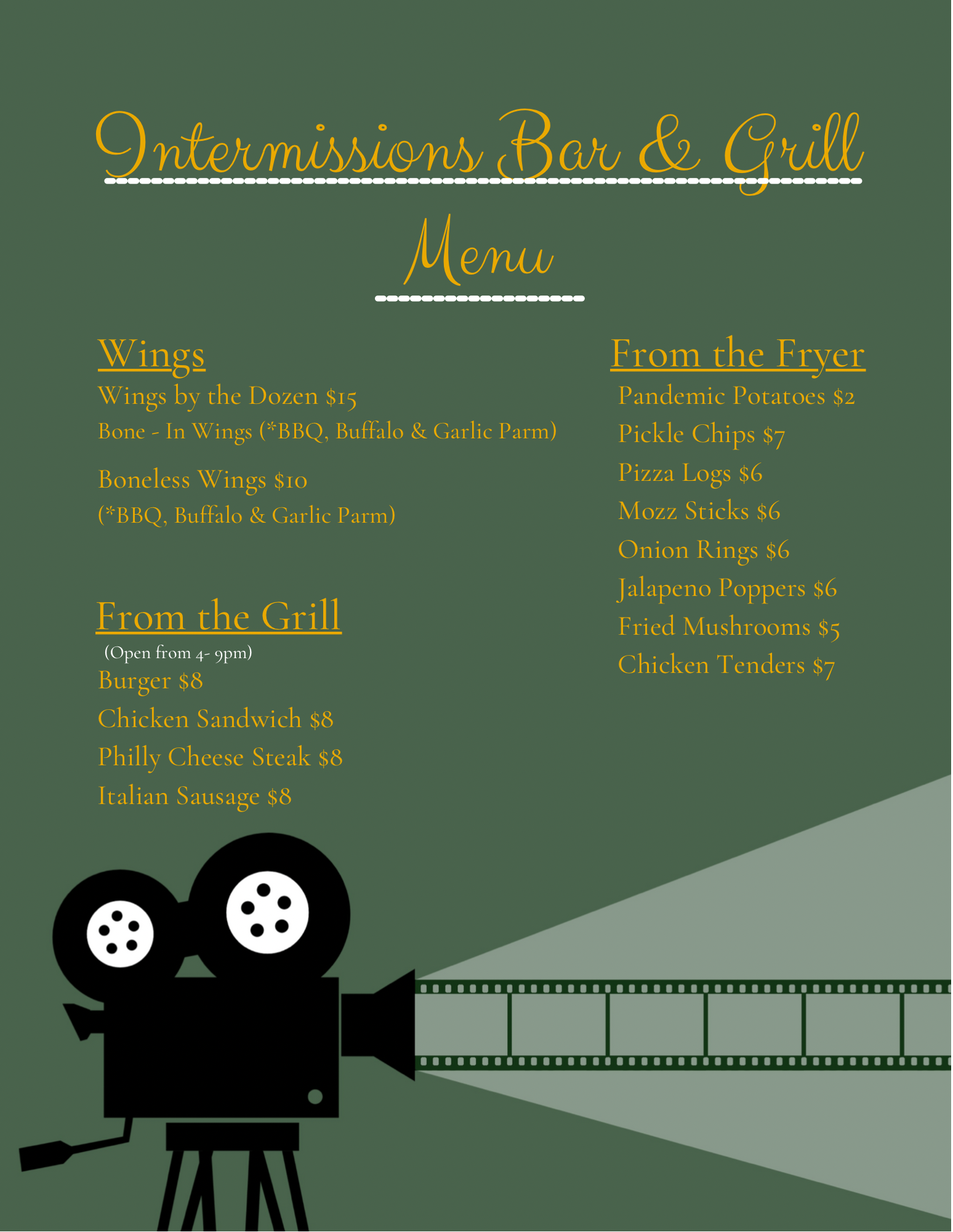 Intermissions Bar and Grill Menu